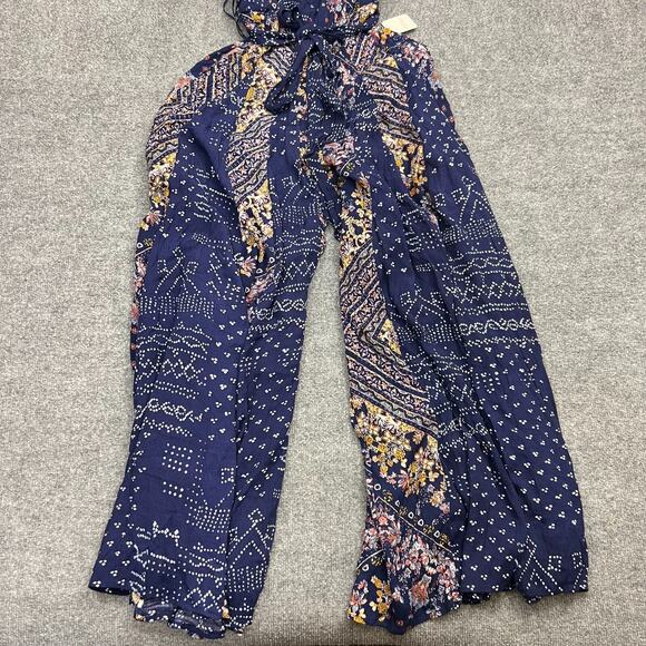 Free People Shangri-La Wide Leg Halter Jumpsuit Blue Scarf Print Sz 2 NEW $198 - Picture 2 of 16